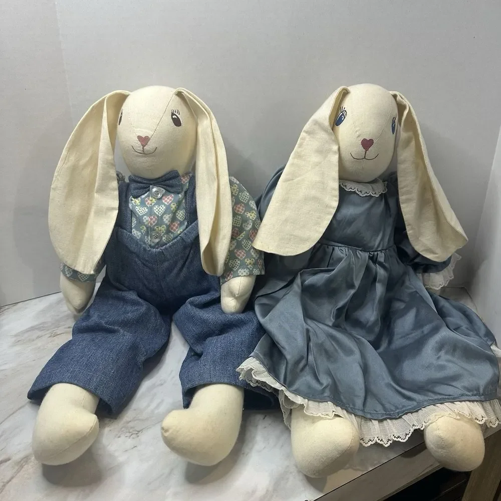VTG Handmade Country Bunny Rabbits Plush Set Coquette Country‎ Chic Primitive